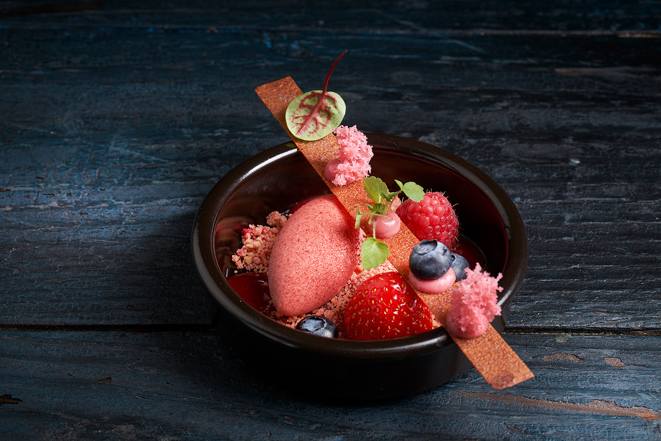 Red fruit dessert with Fruit Sheet Strawberry and Raspberry